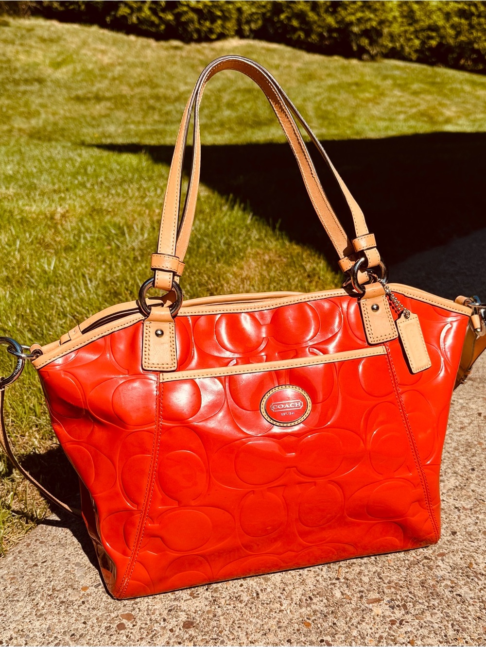 Coach Peyton Embossed Patent Leather Coral Orange Shoulder
Crossbody Tote F20028